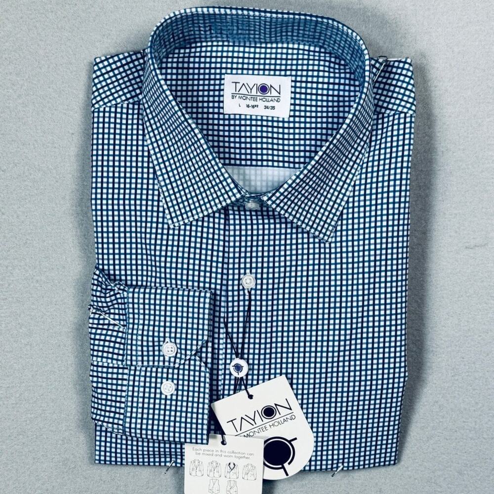 Tayion Men's Slim Fit Dress Shirt Blue Check Large 16-16.5 34-35 $60